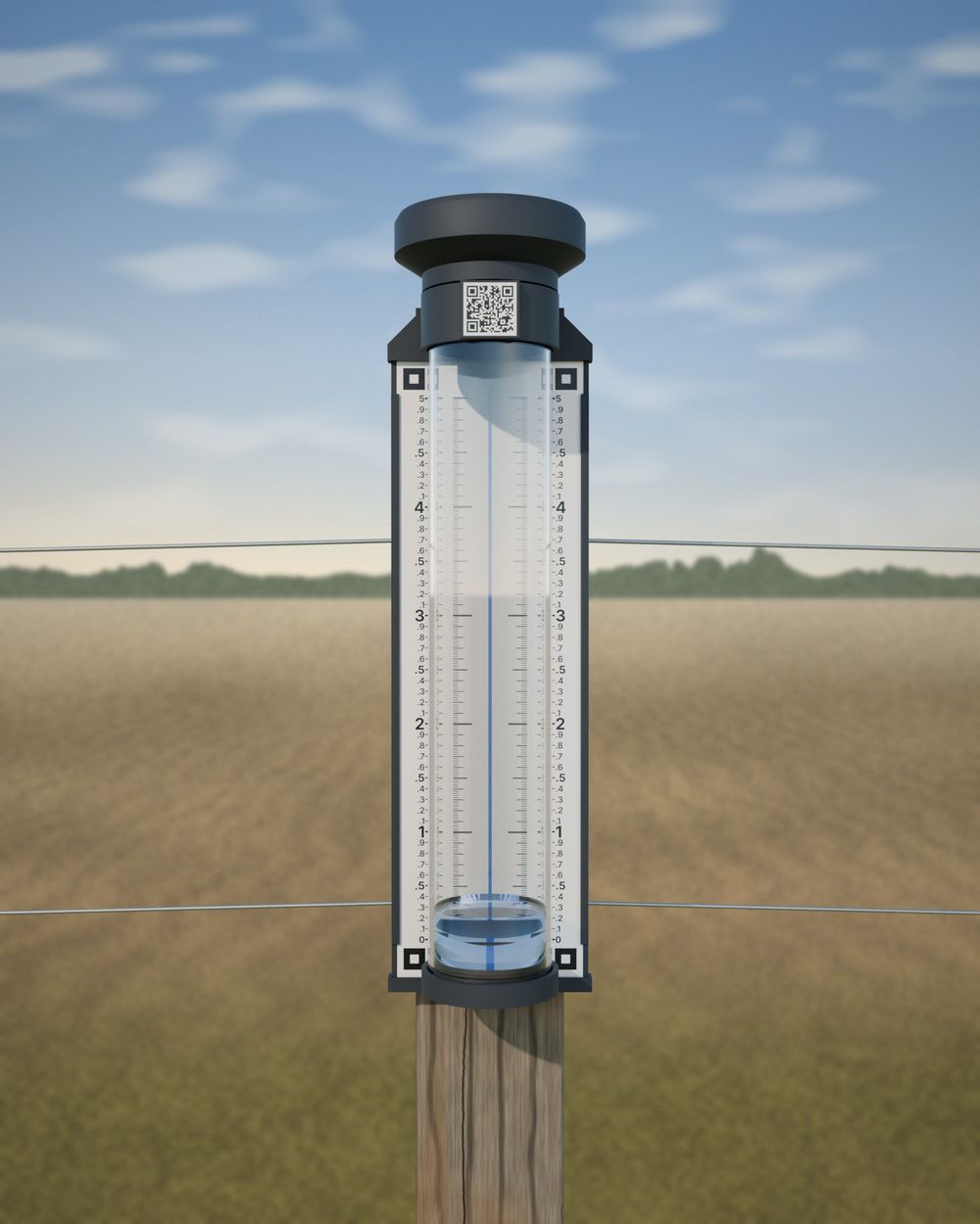 3D render of the prototype rain gauge from the front: a clear tube in front of a white scale with numbers on both sides, a charcoal funnel on top and a code on the collar, on a wood post.
