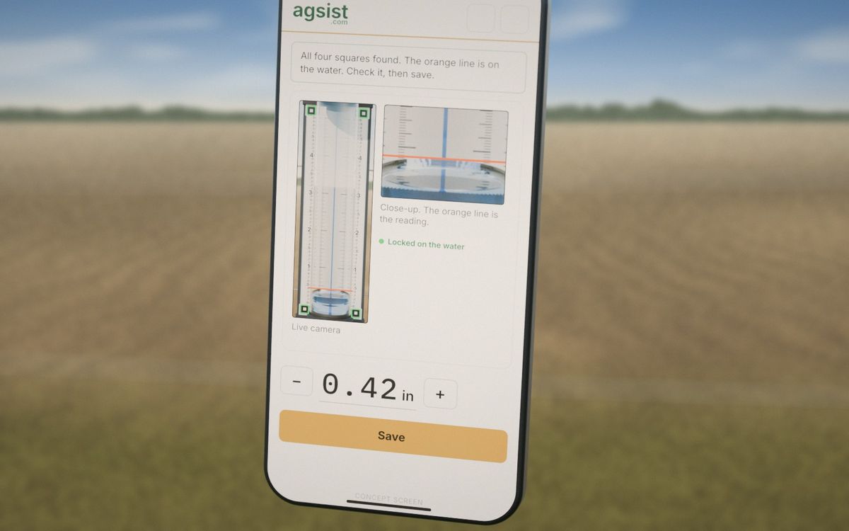 Concept screen on a phone: the gauge&rsquo;s scale seen through the camera, an orange line at the water, 0.42 in, and a Save button.