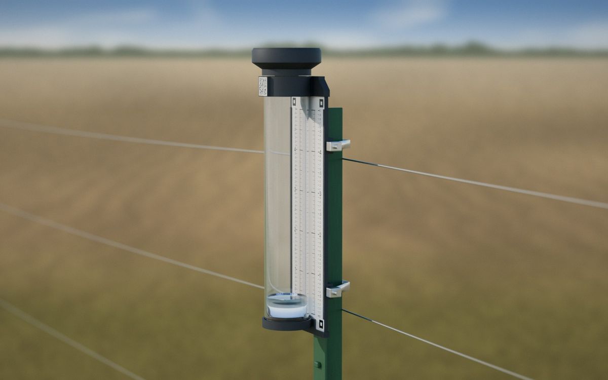 3D render of the prototype rain gauge held to a green steel T-post by two hose clamps, with fence wire and a field behind it.